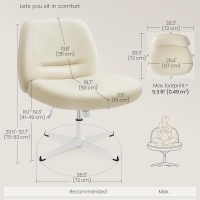 SONGMICS HOME Criss Cross Chair No Wheels, Armless Wide Comfortable Cross Legged Office Desk Vanity Chair,Adjustable Swivel, for Home Office, Cotton-Linen Fabric, Cream White UOBG046W03 - Image 2
