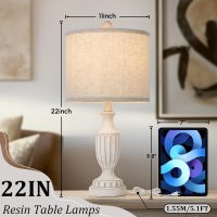 TOBUSA 22“ Farmhouse Table Lamps Set of 2, White Rustic Vintage Table Lamps for Living Room Bedroom, Antique Bedside Desk Lamps with Linen Shade, Traditional Resin Nightstand Lamp Sets for End Table - Image 2