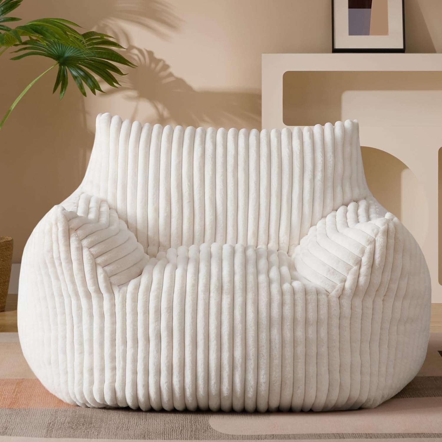 Giant Plush Bean Bag Chair for Adults with Armrests – Oversized Comfy Beige Beanbag Lounge Lazy Floor Sofa Accent Chair for Living Room, Bedroom & Dorm, Cozy Fluffy Single Cloud Mini Couch