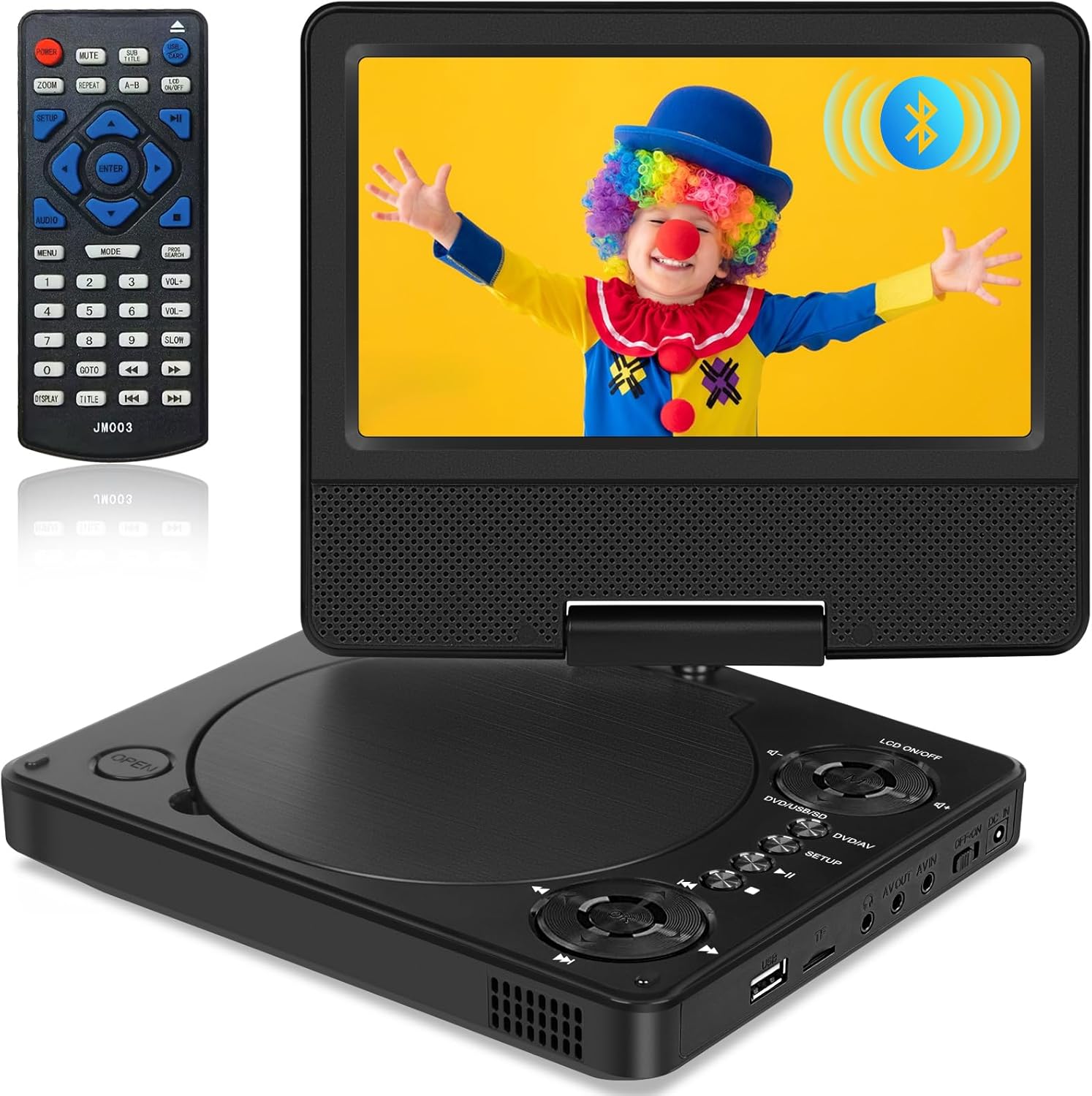 9.5″ Portable DVD Player with Bluetooth, Support 1080P Video, MP4 Formats, 7.5″ Swivel HD Screen, 5 Hours Work Time, Car DVD Player for Kids and Car, Sync TV, Support TF Card/USB 1000G, Regions Free