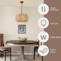 Farmhouse Boho Chandelier, 5-Light with Water Hyacinth Lampshade, for Dining Room, Kitchen Island, Bedroom, Living Room - Image 3