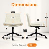 NEO CHAIR Criss Cross Chair with Wheels Armless Cross Legged Office Desk Wide Comfy Vanity Makeup Chair Adjustable Swivel Rolling Computer for Home Office PU Leather (Beige) - Image 2