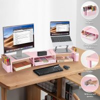 Desk Dual Monitor Stand Riser - Wood Desk Organizer with Drawer and Pen Holders, Office Desk Accessories & Workspace Organization, Computer Monitor Stand for Laptop Printer, Girl Pink - Image 4