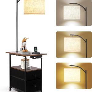 PESRAE Floor Lamp with Table & 2 Drawers, End Table with 3 Color Temperature Reading Light, Side Table Lamp with USB & Type C & AC Charging Port for Living Room, Bedroom
