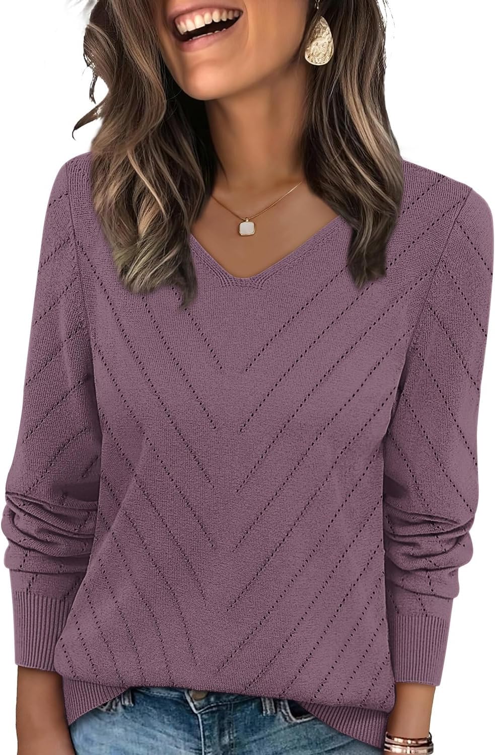 WIHOLL Sweaters for Women V Neck Casual Knit Long Sleeve Tops Lightweight Pullover Clothes Fall Fashion Outfits 2025