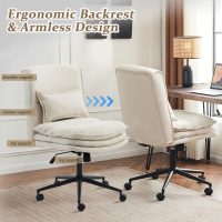 VINGLI Cloud Criss Cross Legged Chair,18" High Back Armless Home Office Desk Chair with Wheels,Wide Adjustable Comfy Padded Seat Task Computer Chair,Modern Swivel Makeup Vanity Chair,Microfiber,Beige - Image 7