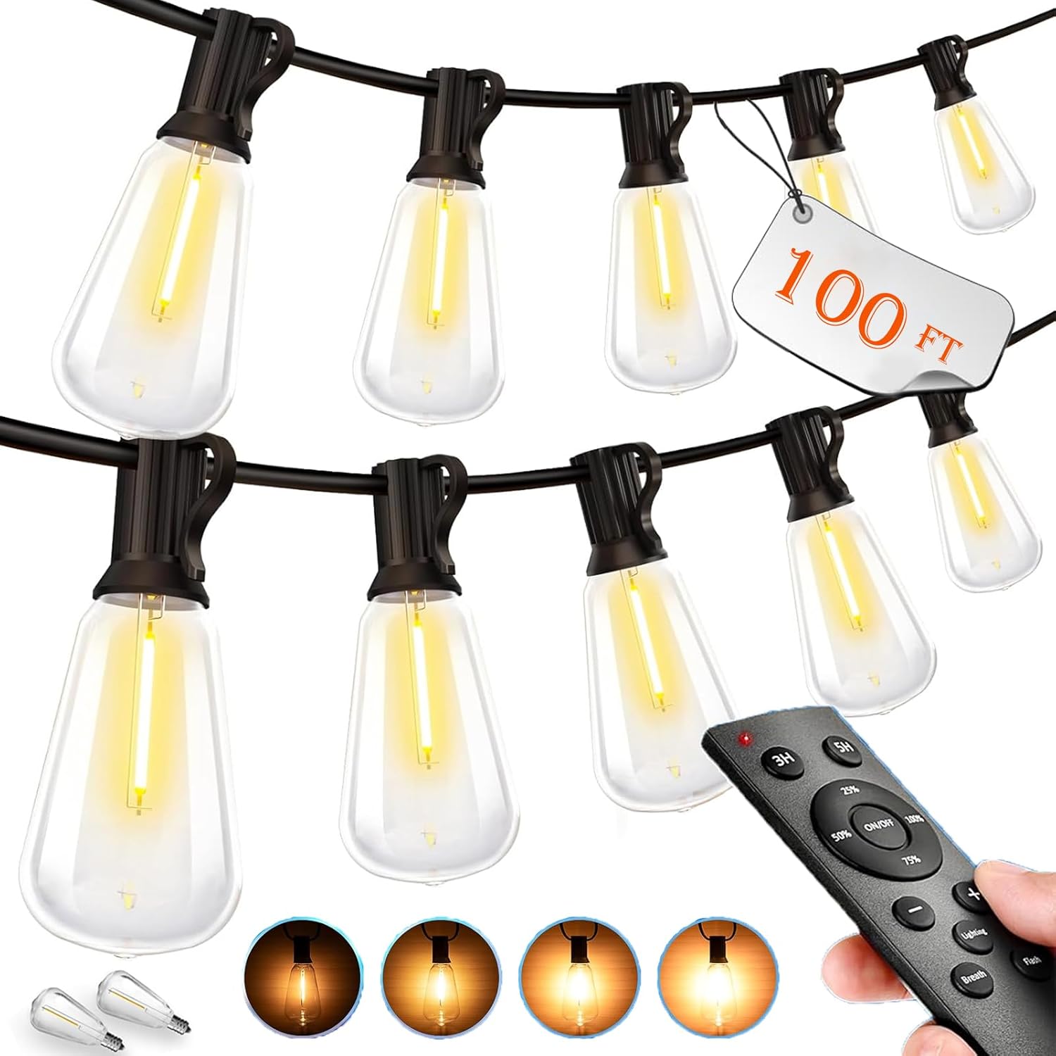 Outdoor String LED Patio Lights – 100Ft 30M Outside Waterproof Light with Remote Dimmable ST38 Shatterproof Bulb Connectable Hanging Outdoor Electric Lighting for Backyard Yard Gazebo Porch Party
