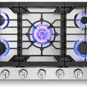FOTILE GLS36502 36” Stainless Steel 5-Burner Gas Cooktop, Tri-Ring 22,000 BTUs Center Burner with Flame Failure Protection Removable Grates and Installation/LP Kit