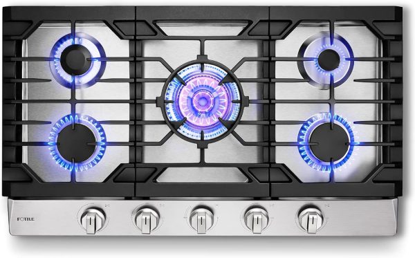 FOTILE GLS36502 36” Stainless Steel 5-Burner Gas Cooktop, Tri-Ring 22,000 BTUs Center Burner with Flame Failure Protection Removable Grates and Installation/LP Kit
