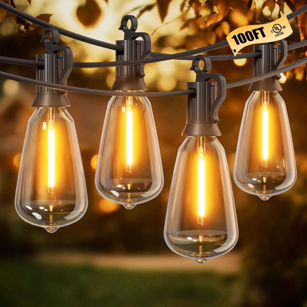 Outdoor-String-Lights-Patio-Lights, 100FT ST38 Shatterproof Dimmable Waterproof Connectable LED Christmas Lights, Hanging Outside Light for Backyard, Porch, Deck, Balcony, Garden, Home Decor