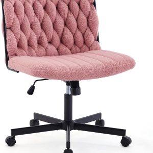 GarveeHome Criss Cross Chair with Wheels, Wide Seat Home Office Desk Chair, Armless Makeup Vanity Chair, Modern Cross Legged Swivel Comfy Chair, Computer Task Chair for Home Office, Pink