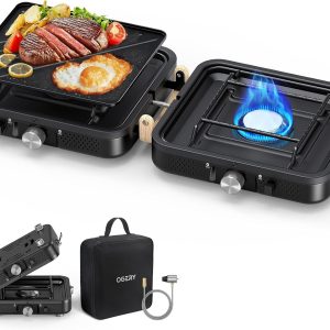 OGERY 2-Burner Foldable Camping Stove with Griddle (Textured & Smooth) and Carrying Bag, Portable Propane Camp Stove with 2 Adjustable Burners & Piezo Ignition, for Camping Tailgating Essentials Gear