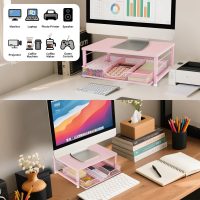 Small Pink Laptop Stand for Desk, Monitor Stand, Office Desk Accessories, Computer Desktop Stand with Drawer for Home, Office, School (Pink) - Image 2