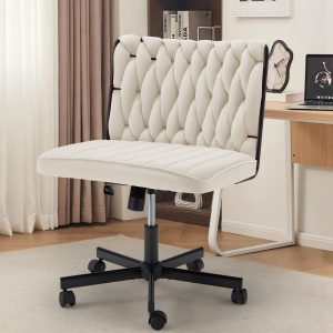 Criss Cross Legged Chair with Wheels,Modern Chenille Armless Office Desk Chair with Wide Seat,Swivel & Adjustable Height, 90-135°Reclining Ergonomic Task Chair for Home,Office (Chenille, Beige)