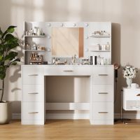 Furmax Vanity Desk with Mirror, LED Lights and Power Outlet Makeup Vanity Table with 7 Drawers and 6 Storage Shelves Dressing Table for Bedroom Dressing Room (White) - Image 4