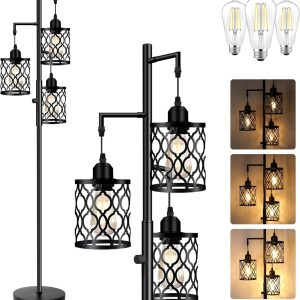 Dimmable Farmhouse Floor Lamp, Industrial Floor Lamp for Living Room with 3 X 6W LED Bulbs, 3 Light Rustic Standing Tall Lamp for Bedroom, Office, 68"