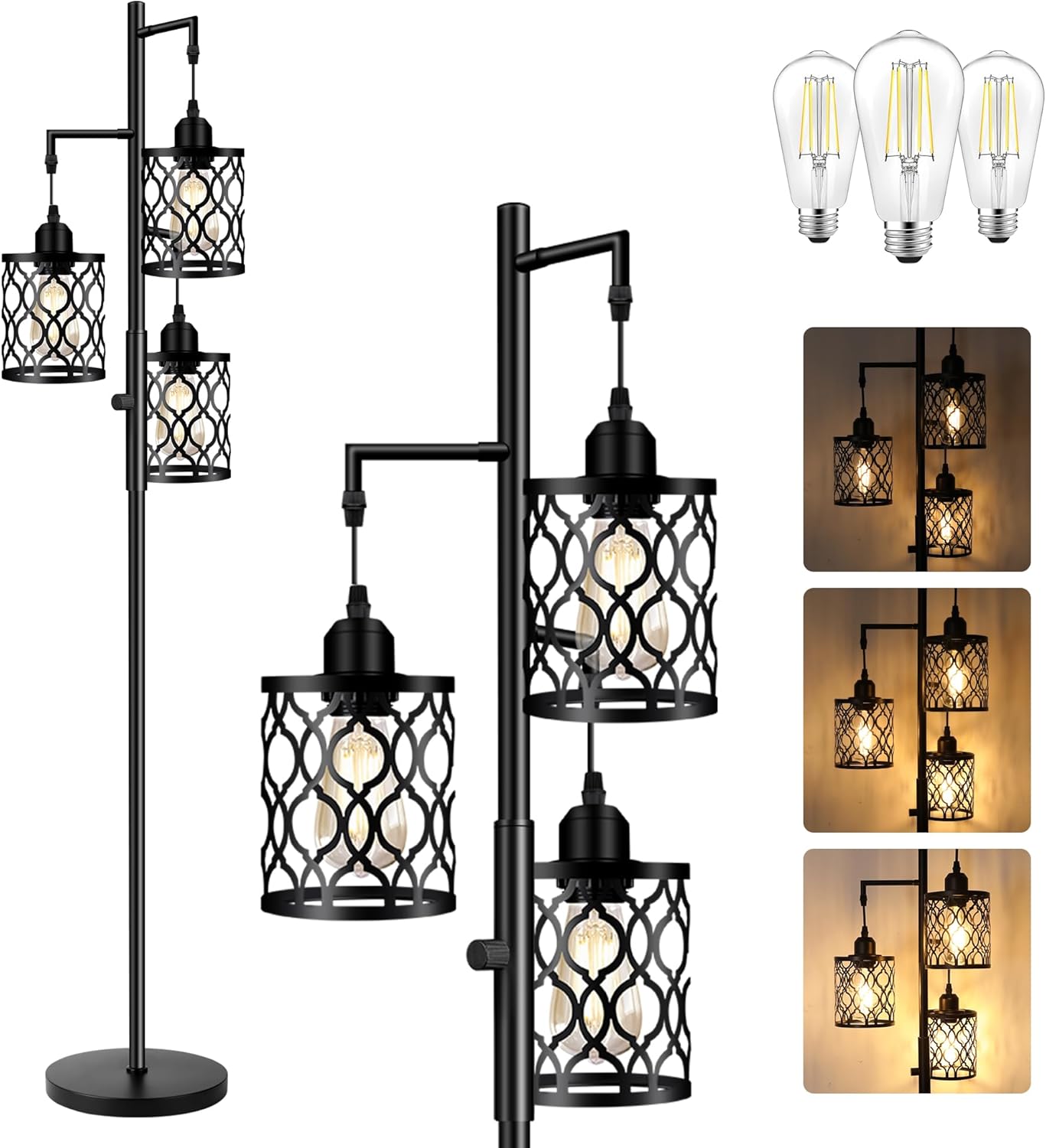 Dimmable Farmhouse Floor Lamp, Industrial Floor Lamp for Living Room with 3 X 6W LED Bulbs, 3 Light Rustic Standing Tall Lamp for Bedroom, Office, 68″