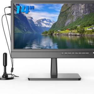 Feihe 14 inch Small Flat Screen Kitchen TV with ATSC Tuner/USB/HDMI/AV/VGA, Built-in TV Stand and Remote Control for Bedroom,RV,Camping,Outdoor or Office（No Smart TV）