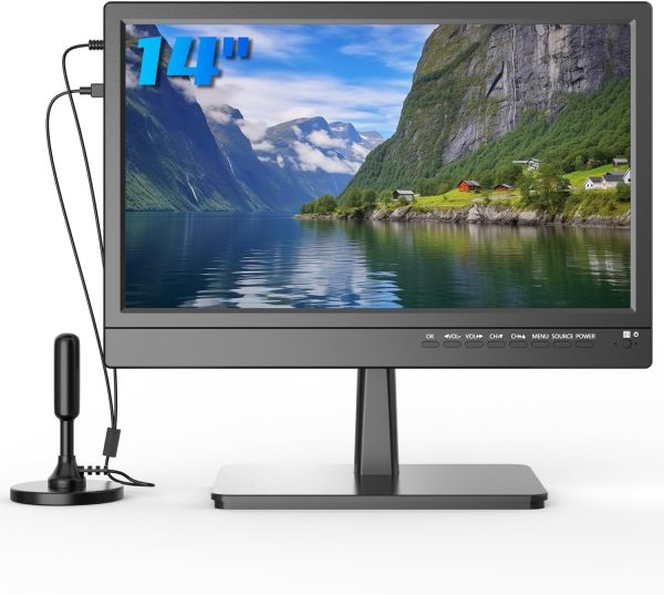 Feihe 14 inch Small Flat Screen Kitchen TV with ATSC Tuner/USB/HDMI/AV/VGA, Built-in TV Stand and Remote Control for Bedroom,RV,Camping,Outdoor or Office（No Smart TV）