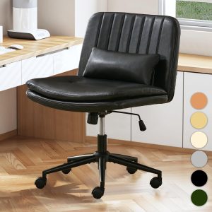 TUNY Criss Cross Chair with Wheels Armless Wide Cross Legged Office Chair Swivel Height Adjustable Computer Task Vanity Chair with Pillow for Home Office, Dressing Room (PUBlack)