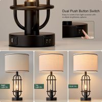 Black Table Lamps for Living Room Set of 2, 22.3" Farmhouse Lamps for Nightstand, Industrial Table Lamps for Bedroom with USB Ports, Bulbs Included - Image 3