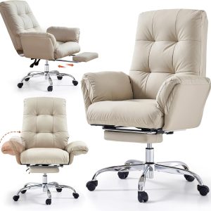 EMIAH Office Chair with Foot Rest Criss Cross Chair with Wheels and Flip-up Arms Reclining Desk Chair Comfy Wide Seat PU Leather Rolling Computer Home Office Chair (Beige)