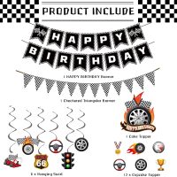 Race Car Birthday Party Decorations，Cars Birthday Decorations Includes Black White Banner,Checkered Flag Banner,Hanging Swirls,Race Car Cake & Cupcake Toppers，Race Car Themed Party Supplies for Boys - Image 2