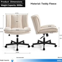 LEAGOO Criss Cross Chair with Wheels, Furry Armless Desk Chair, Comfy Wide Seat Cross Legged Office Chair, Stylish Height Adjustable Cute Swivel Vanity Chair for Home Office, Make Up, Cream White - Image 3