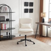 VINGLI Cloud Criss Cross Legged Chair,18" High Back Armless Home Office Desk Chair with Wheels,Wide Adjustable Comfy Padded Seat Task Computer Chair,Modern Swivel Makeup Vanity Chair,Microfiber,Beige - Image 9