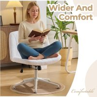Karl home Criss Cross Chair Armless Desk Chair with Wheels Cross Legged Office SwivelChair Wide Adjustable Comfy Padded Vanity Chair with Dual Purpose Base, Teddy Fleece White - Image 4
