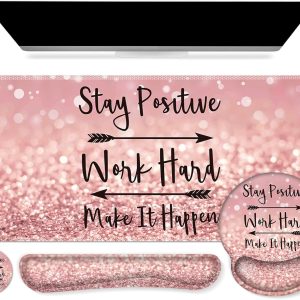 iCasso Mouse Pad,Large Pink Desk Mat Set, 4in1 XXL Mousepad + Keyboard Wrist Rest+Mouse Wrist Rest+Coaster with Ergonomic Desk Pad for Home Office Table Computer Cover -Pink Stay Positive