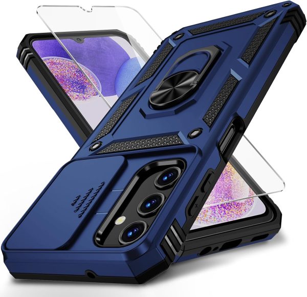 for Samsung Galaxy A13 5G Case, Galaxy A13 5G Phone Case,Slide Camera Cover HD Screen Protector Military Grade Magnetic Ring Holder Shockproof Kickstand Protective Case, Navy Blue