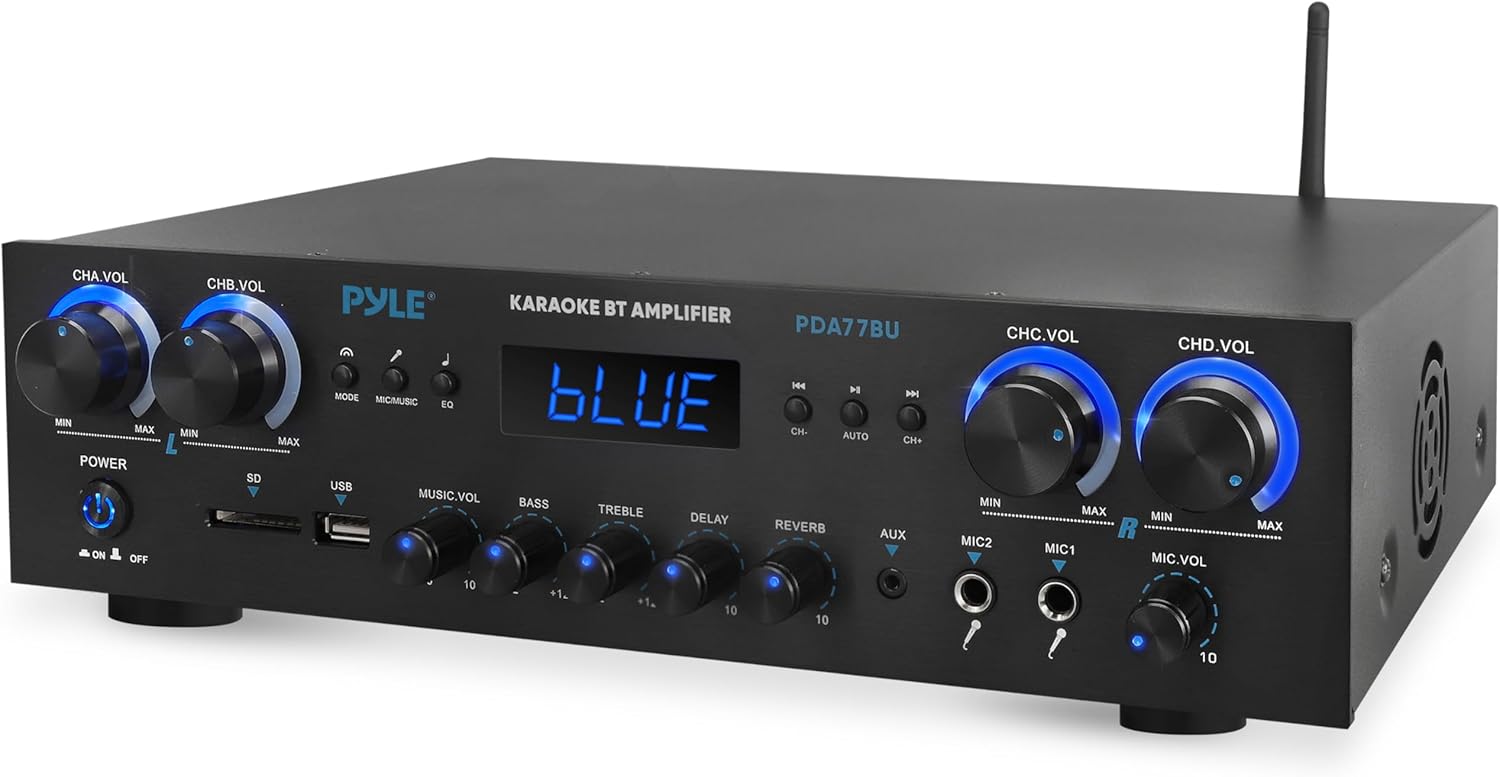 Pyle Bluetooth Home Audio Theater Amplifier Stereo Receiver- 4 Channel, 800 Watt Sound System w/ MP3,USB,SD,AUX,RCA,FM,MIC, Headphone, Reverb Delay, LED Vol, for Home/Studio/Theater Speakers- PDA77BU