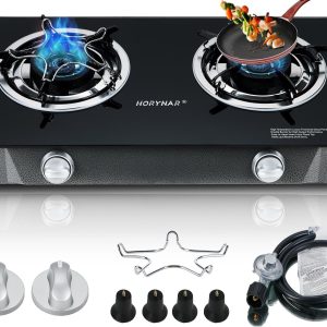 Propane Stove 2 Burner Gas Stove Auto Ignition 26000 BTU Tempered Glass Propane Burner LPG with CSA Hose for Outdoor Cooking, Emergency