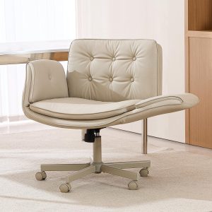 Criss Cross Chair with Armrests & Wheels, PU Leather Vanity Chair, Comfortable Adjustable Swivel Computer Office Desk Chairs for Home, Make Up, Bed Room (Cream White)