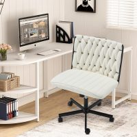 Criss Cross Legged Chair with Wheels,Modern Chenille Armless Office Desk Chair with Wide Seat,Swivel & Adjustable Height, 90-135°Reclining Ergonomic Task Chair for Home,Office (Chenille, Beige) - Image 6