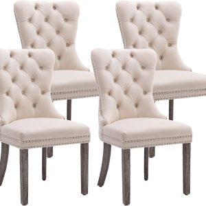 KCC Velvet Dining Chairs Set of 4, Upholstered High-end Tufted Dining Room Chair with Nailhead Back Ring Pull Trim Solid Wood Legs, Nikki Collection Modern Style for Kitchen, Beige
