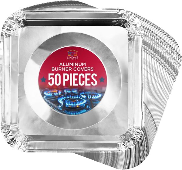Gas Stove Burner Liners (50 Pack) - Disposable Aluminium Foil Covers, 8.5” Heat-Resistant Protector, Fits Gas or Electric Ranges, Thick Foil for Mess-Free Cooking, Perfect Stove Cover for Kitchen