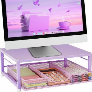 Small Pink Laptop Stand for Desk, Monitor Stand, Office Desk Accessories, Computer Desktop Stand with Drawer for Home, Office, School (Purple)