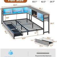 DICTAC Corner Full Bed Frame with Bookcase Storage and Led Lights Full Size Metal Platform Bed Frame with Storage Drawers & Charging Station Full Daybed for Living Room,Bedroom,Guest Room,Oak Gray - Image 3