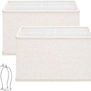 Rectangle Lamp Shades Set of 2, 16"L x 8"W x 10"H Large Beige Lampshades for Table Lamps Floor Lamps, Natural Linen Lamp Shade Replacement, Spider, Harp Holders Included, Easy Assembly Required