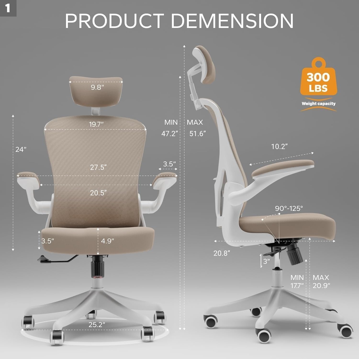 Ergonomic Office Chair with Adjustable Lumbar Support & Flip-Up Armrests – High Back Computer Desk Chair with Thickened Seat Cushion, Rolling Wheels for Home/Office Study Work