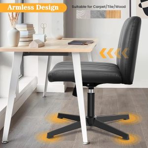 Criss Cross Chair,PU Leather Vanity Chair,Black Height Adjustable Office Chair,Cross Legged Desk Chair,Armless Wide Desk Chair Criss Cross, Adjustable Modern Chairs for Home Office Living Room