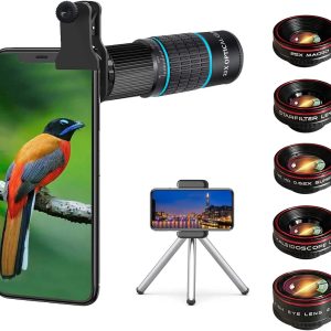 Phone Camera Lens Kit 10 in 1 for iPhone Samsung Pixel Android, 22X Telephoto Lens, 0.62X Super Wide Angle Lens&25X Macro Lens, 235° Fisheye,Kaleidoscopes, Starlight，Tripod，for Most Smartphone Black