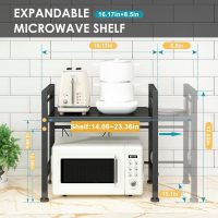 DOLALIKE Microwave Oven Rack, Expandable Microwave Stand Countertop Kitchen Utensils Tableware Storage, Carbon Steel Over Microwave Shelf Countertop with 3 Hooks - Image 2