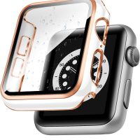 Case Compatible with Apple Watch, with Built-in Tempered Glass Screen Protector, PC Cover for iWatch Series 9/8/7/SE 2rd SE 6 5 4/3 2 for Choice DJSC(38mm-Series 3/2, White + Rose Gold Edge) - Image 2