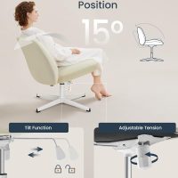 SONGMICS HOME Criss Cross Chair No Wheels, Armless Wide Comfortable Cross Legged Office Desk Vanity Chair,Adjustable Swivel, for Home Office, Cotton-Linen Fabric, Cream White UOBG046W03 - Image 5