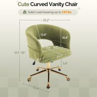 VINGLI Modern Curved Office & Vanity Desk Chair, Cute Upholstered Nail Chair with Wheels & 360° Swivel & Club & Tilting & Gold Base, for Bedroom, Living Room, Makeup, Velvet Chenille, Green - Image 2