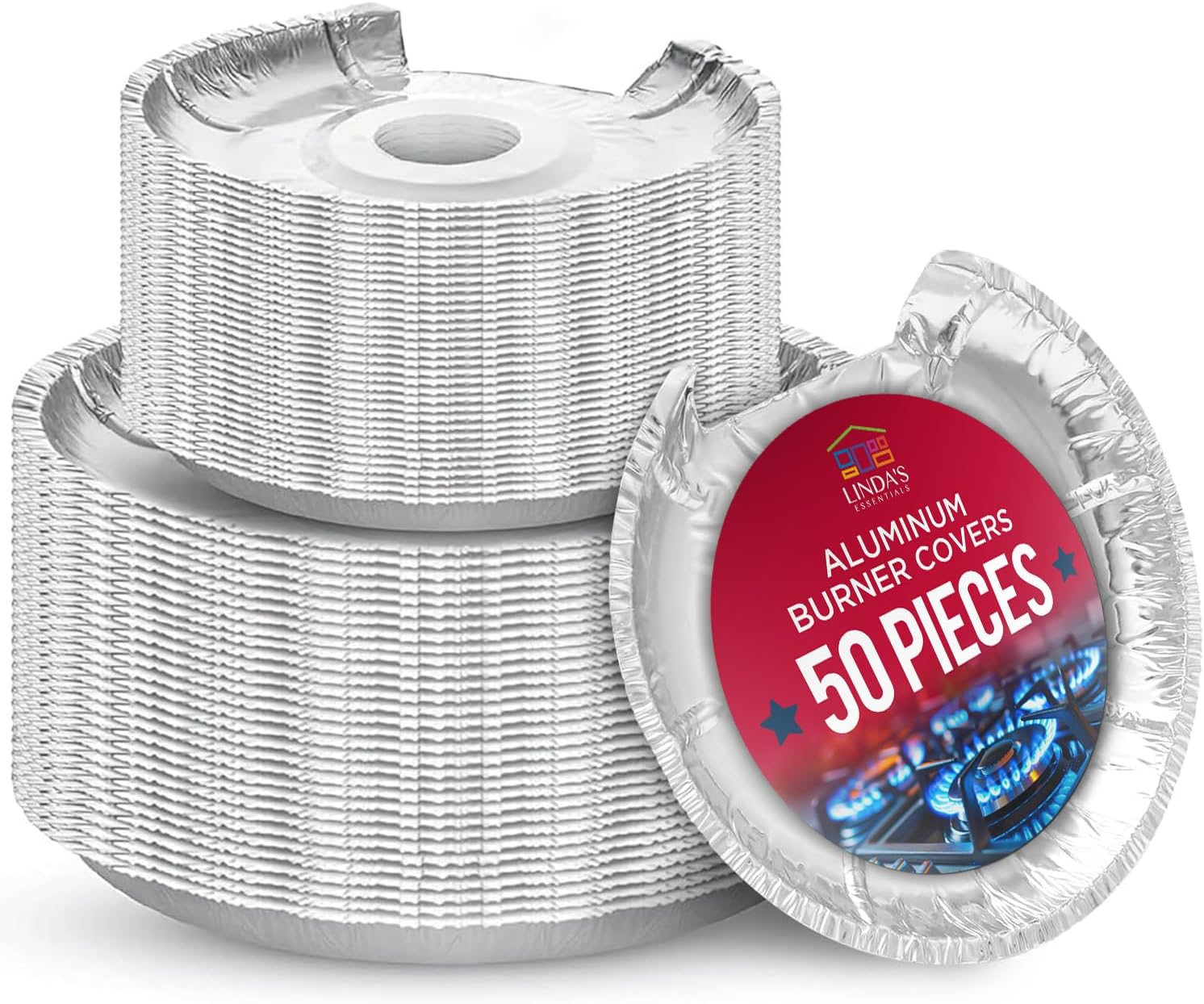 Heavy-Duty Aluminum Electric Stove Burner Covers (50 Pack) – Disposable Round Foil Liners (6 & 8 Inch), Non-Stick Drip Pan Protectors, Stove Top Covers, Great Kitchen Accessory for Easy Cleanup