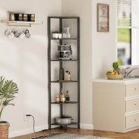 Furnulem 6 Tier Corner Shelf with LED Light, 67.5” Tall Standing Shelf Organizer, Black Narrow Bookshelf with Storage Rack for Wall Corner, Living Room, Bedroom, Metal Frame, Wood Display Shelf - Image 9